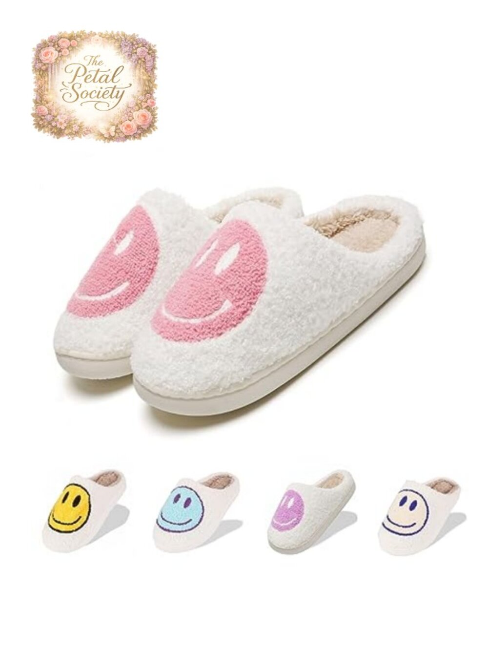 Happy Face Fuzzy Slippers Memory Foam Plush Slip-On House Shoes Women Men